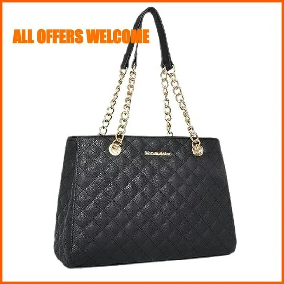 Quilted Medium Tote Bag with Chain Strap, Multiple Compartments - Picture 2 of 8